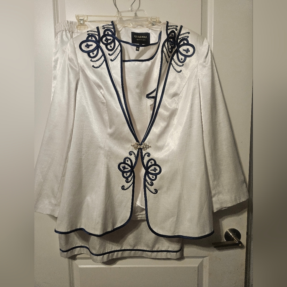 White Navy Blue Embroidered Women's Jacket